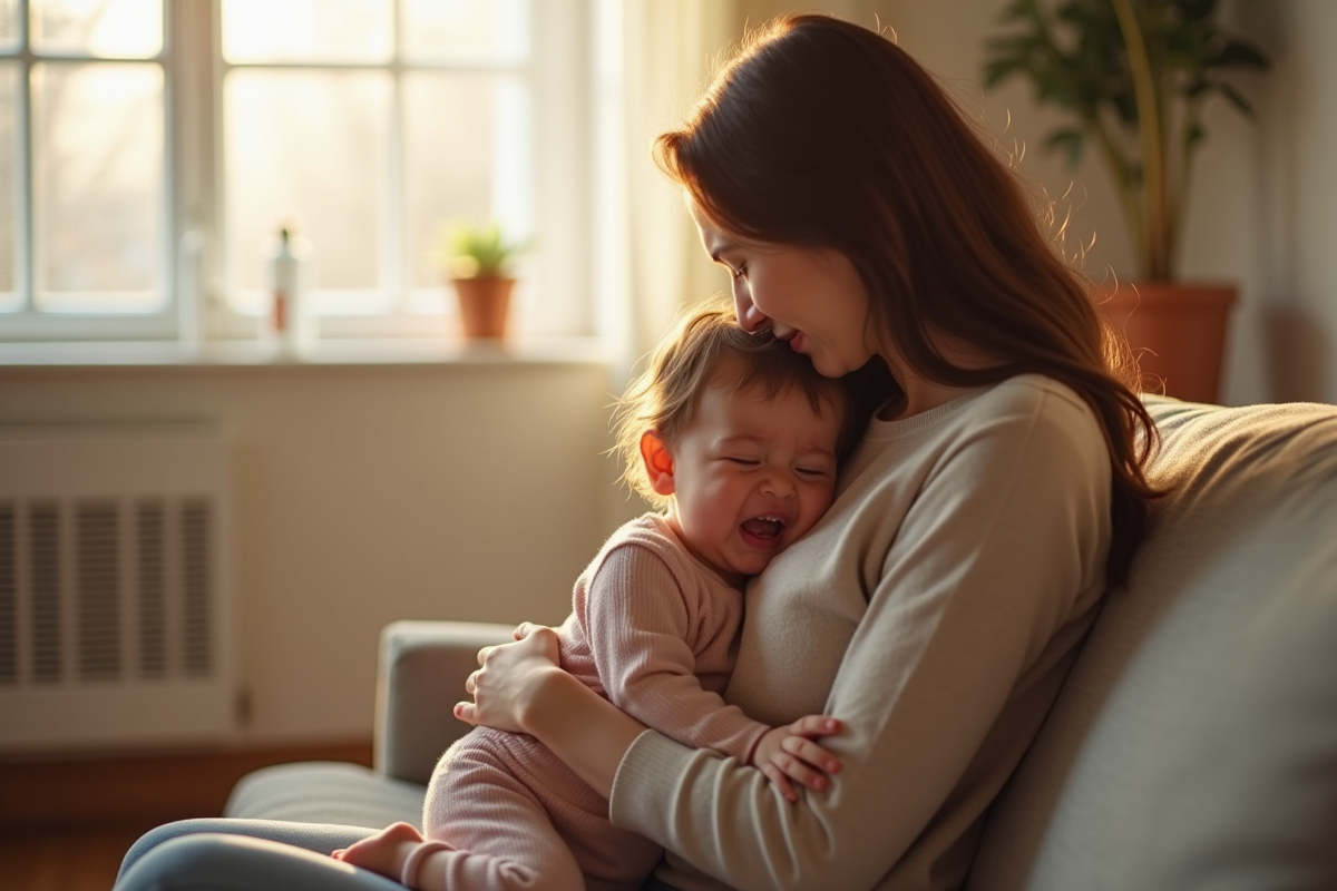 Maman apaise un enfant de deux ans dans un salon lumineux