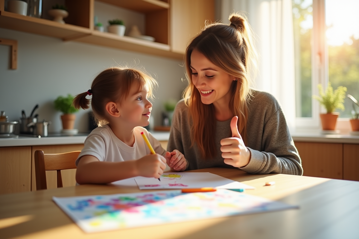 Maman et enfant dessinant à la table avec soleil matinal