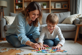 Maman et son fils jouent au puzzle dans un salon chaleureux