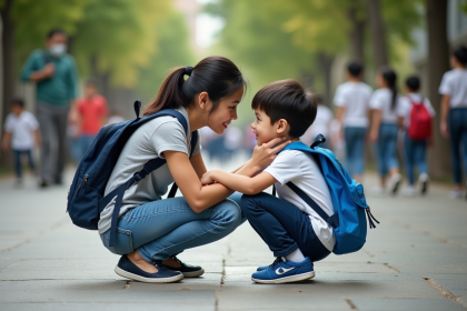 Maman réconforte son enfant dans la cour d'école