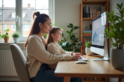 Maman et sa fille regardent un écran dans un salon lumineux