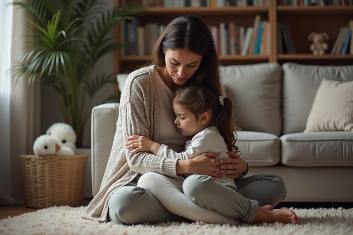 Maman et fille dans un salon intime et chaleureux