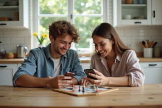 Mère et fils souriants jouant à un jeu de société à la maison