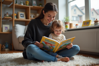 Maman lisant un livre coloré à sa fille dans le salon