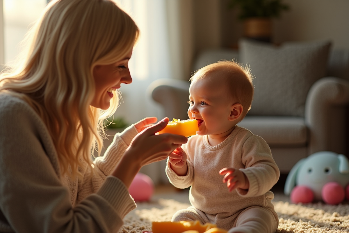 Maman donnant un morceau de fromage La Vache qui rit à son bébé souriant