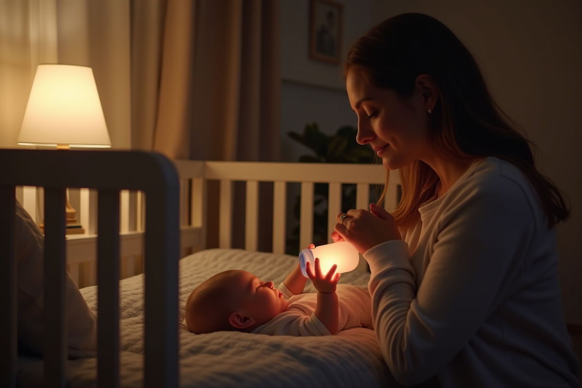 Maman donnant le biberon à son enfant endormi dans la chambre
