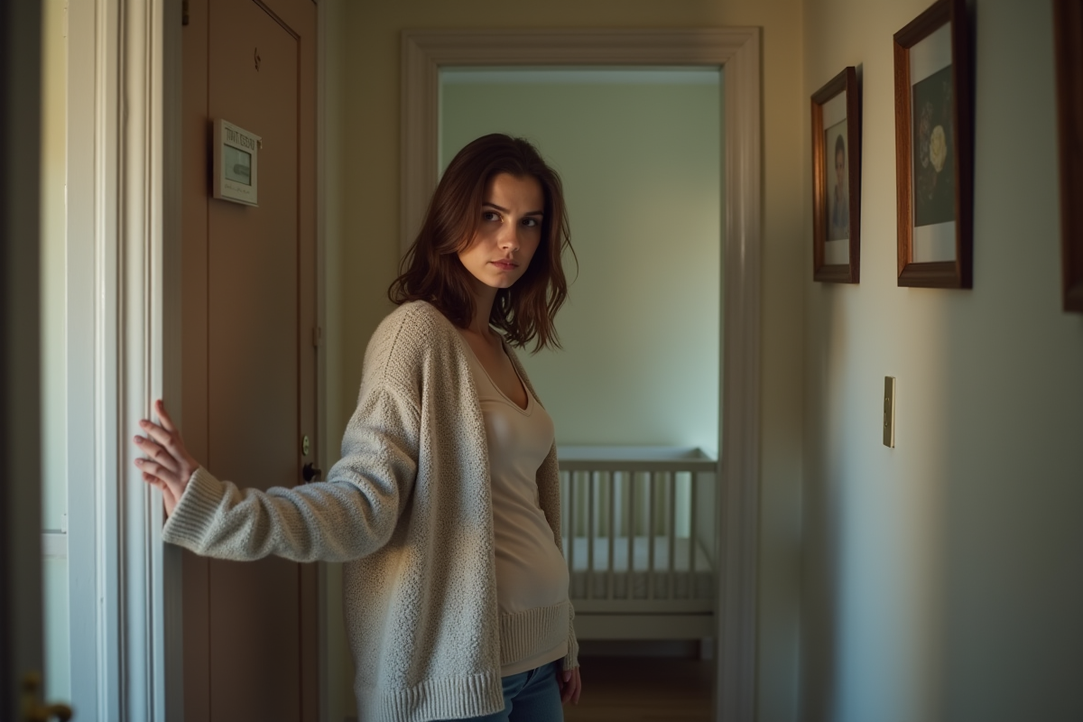Mère regardant la porte de la chambre de bébé dans un couloir calme
