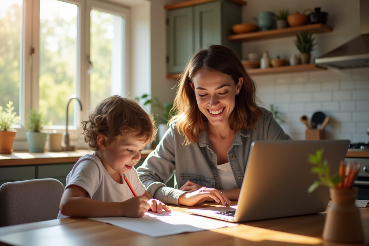 Maman souriante travaillant sur un ordinateur à la maison