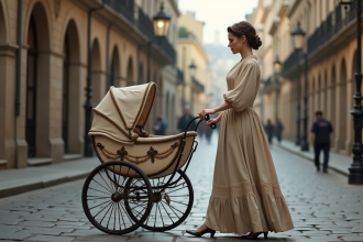 Mère du XIXe siècle poussant une poussette ancienne dans une rue pavée