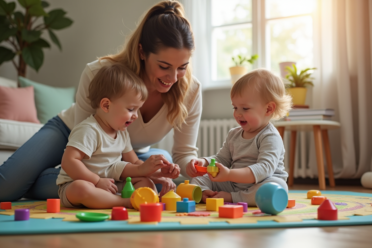 Nounou jouant avec deux enfants dans un salon lumineux