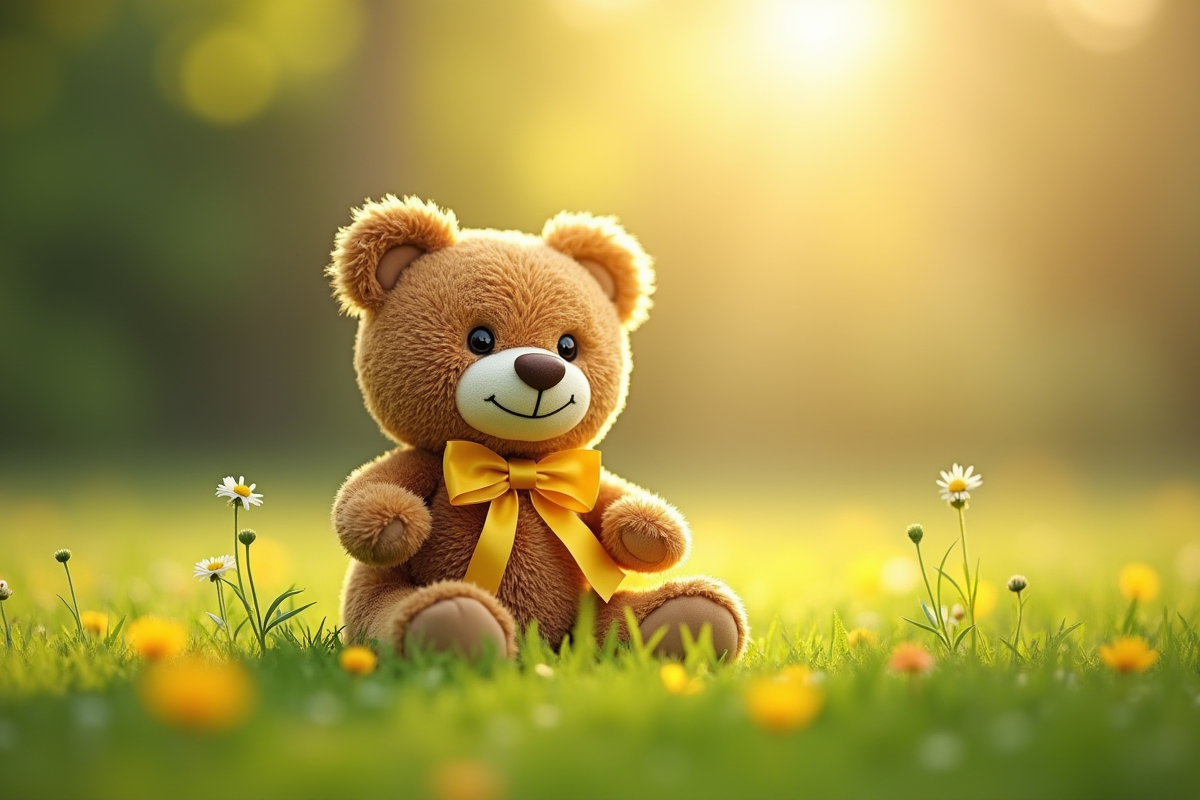 Ourson en peluche avec ruban dans un champ ensoleille