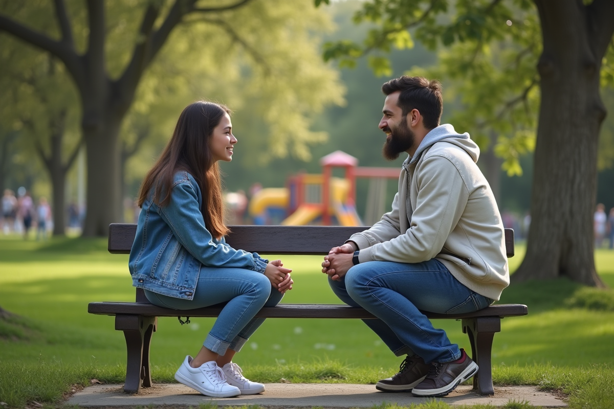 Père et fille discutent sur un banc dans un parc verdoyant