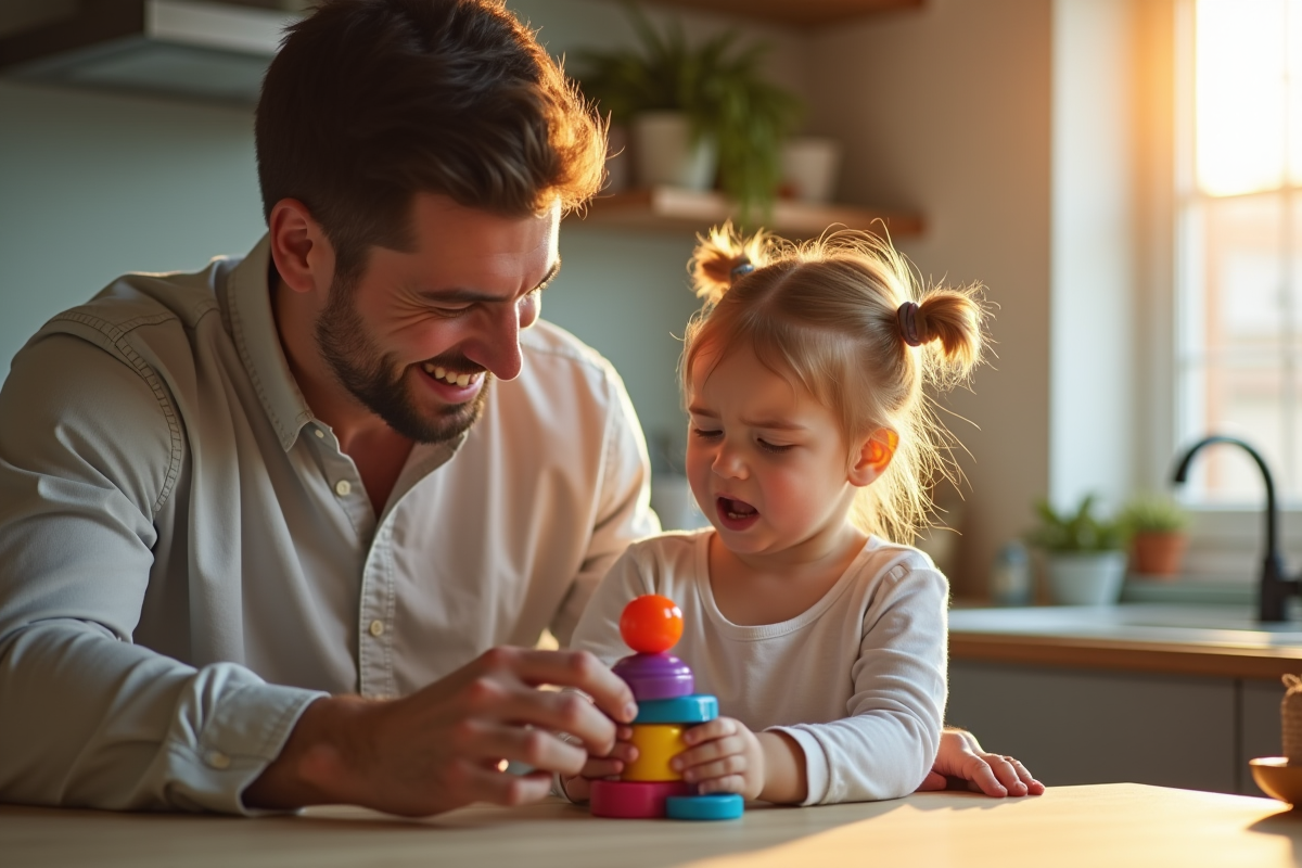Papa distrait sa fille avec un jouet dans la cuisine moderne