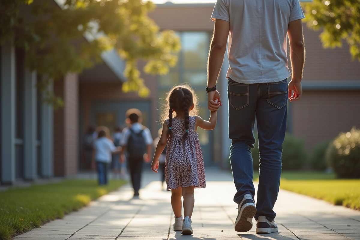 Père tenant la main de sa fille devant l