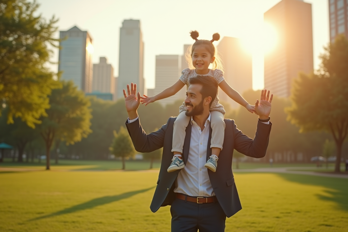 Père jouant avec sa fille dans un parc urbain au matin