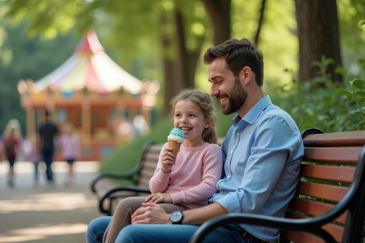 Père et fille dégustent une glace dans le parc