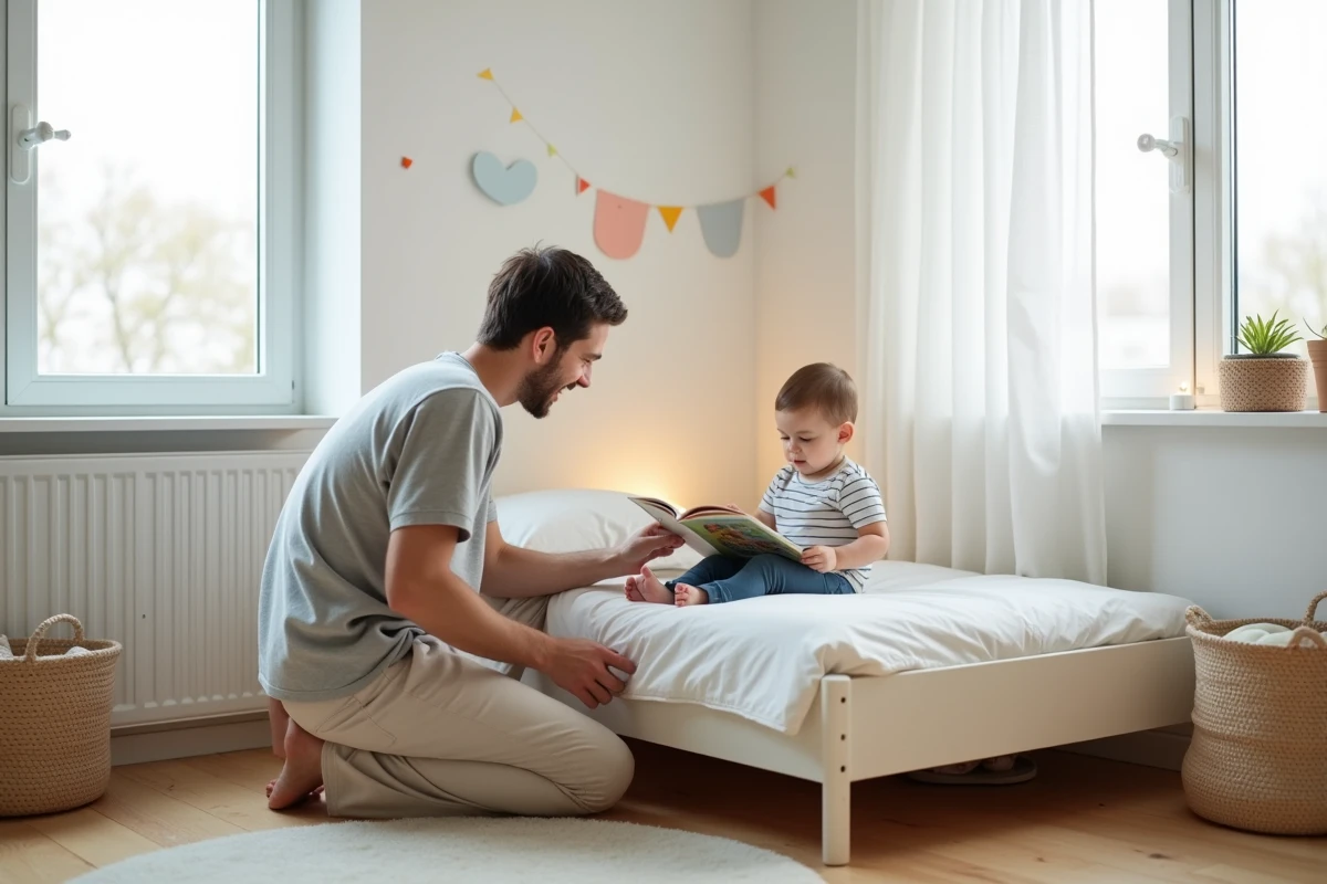 Pere et enfant lisant un livre dans la chambre