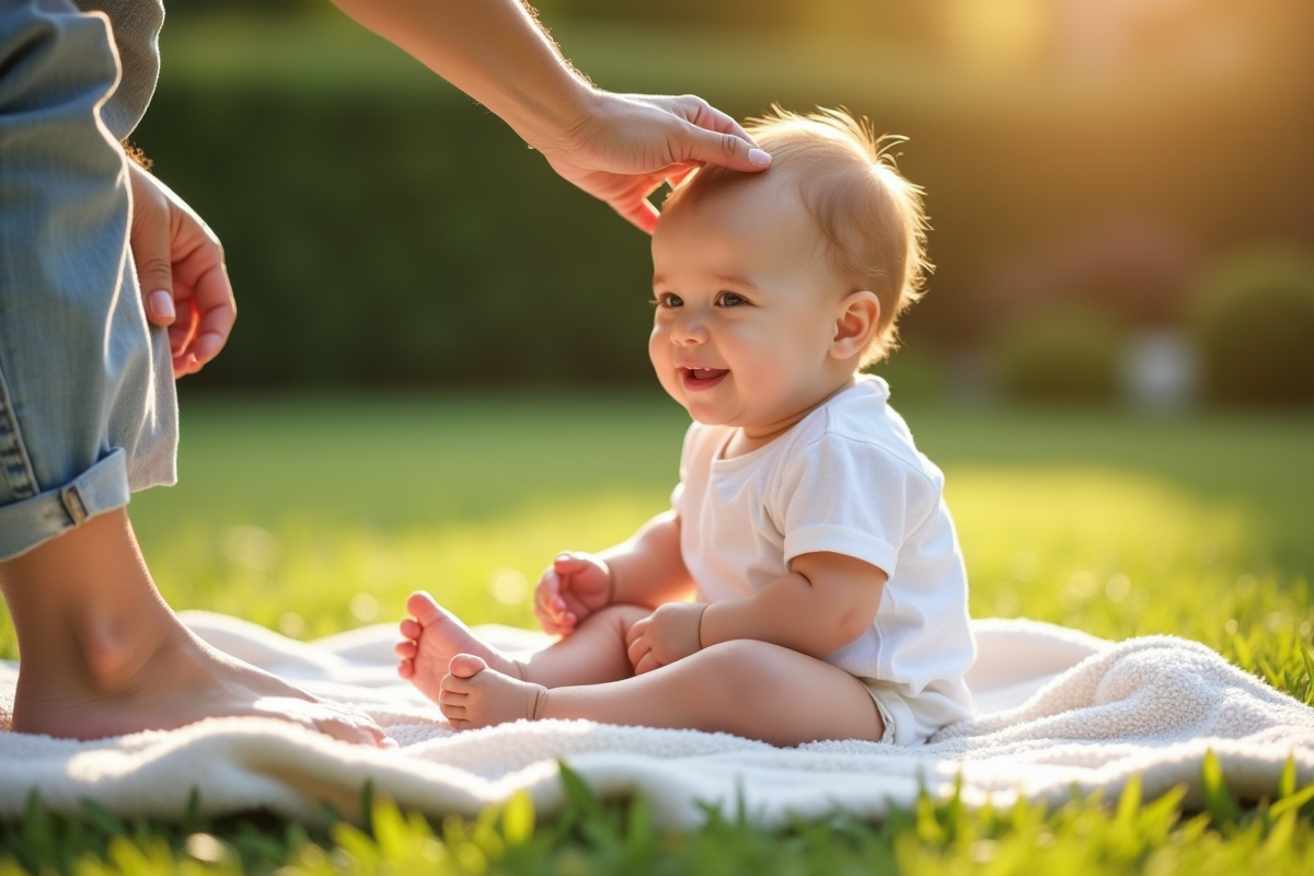 Parent aidant un bébé assis dans un jardin ensoleille