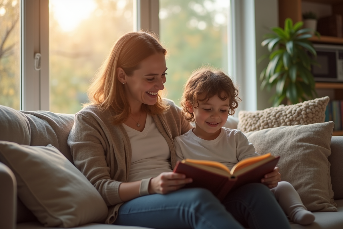 Parent lisant une histoire à un enfant sur un canapé chaleureux