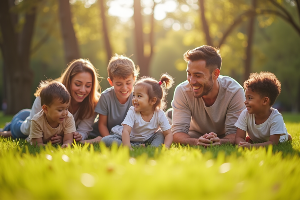 Groupe de parents et enfants jouant dans un parc ensoleille