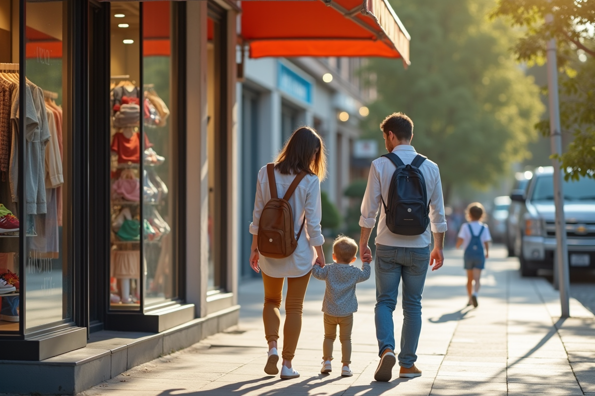 Parents et enfant marchant devant une boutique pour enfants