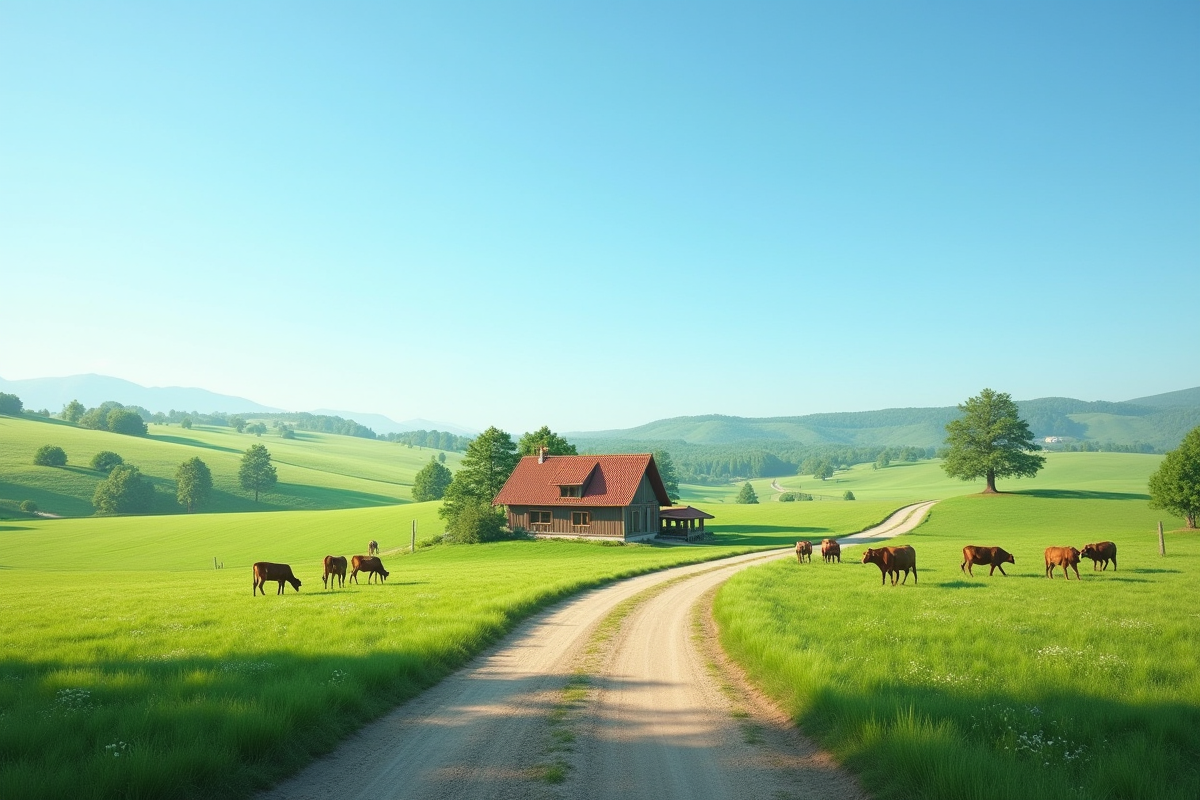 Paysage rural paisible avec ferme et champs verts
