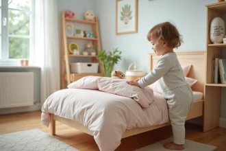 Petite fille curieuse en pyjama pastel dans sa chambre