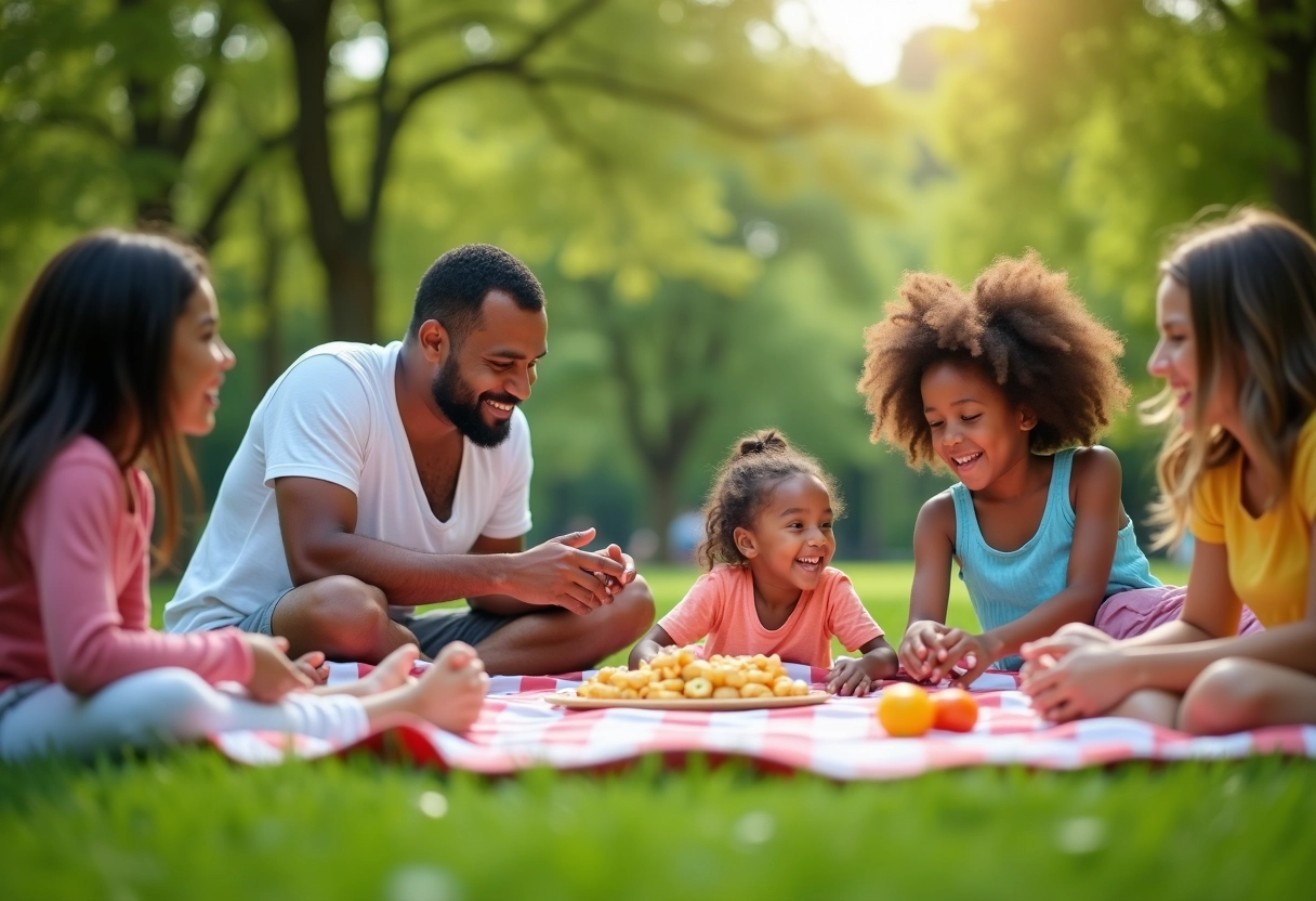Famille profitant d un pique-nique dans un parc ensoleille