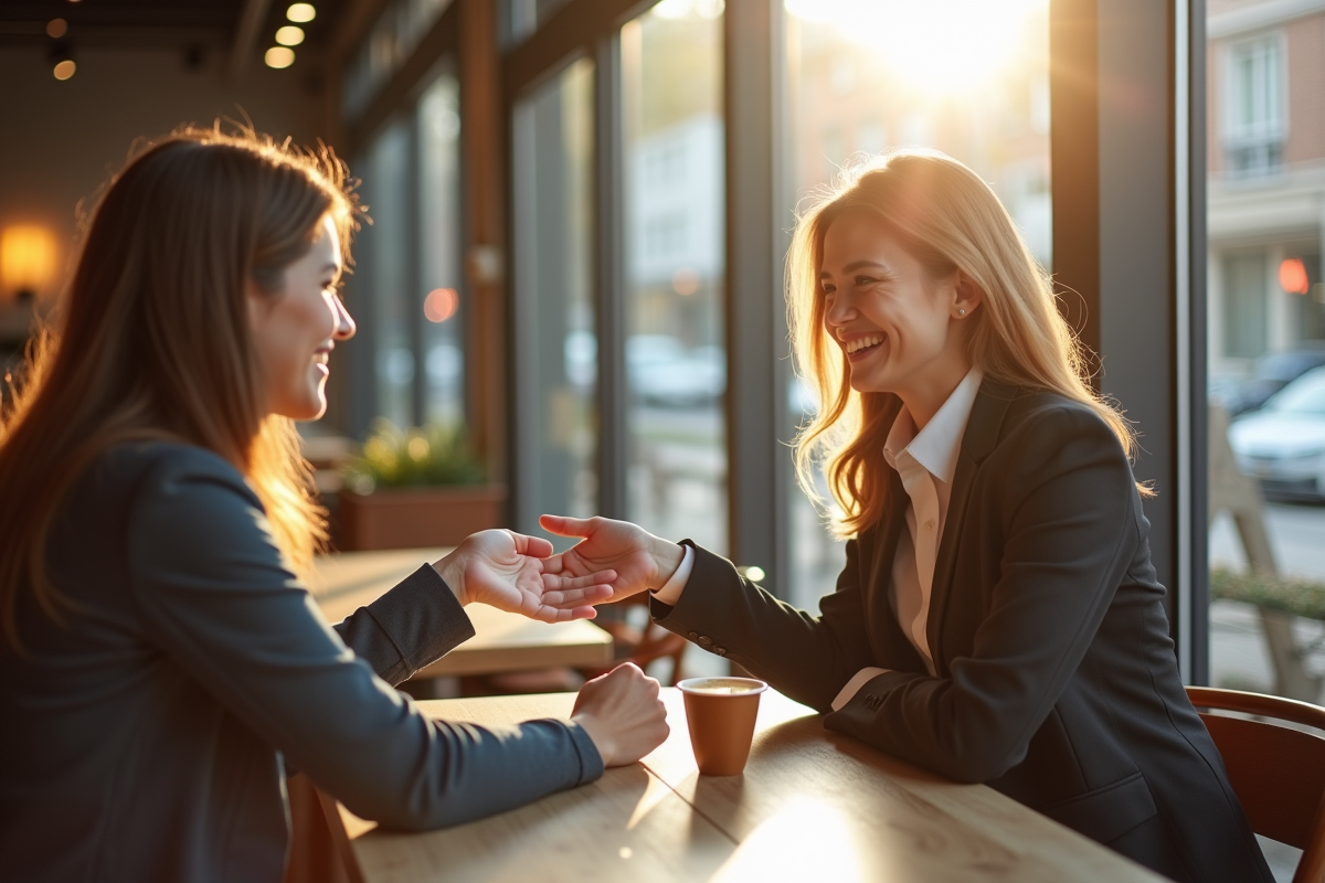 Deux jeunes professionnels se saluant dans un café lumineux
