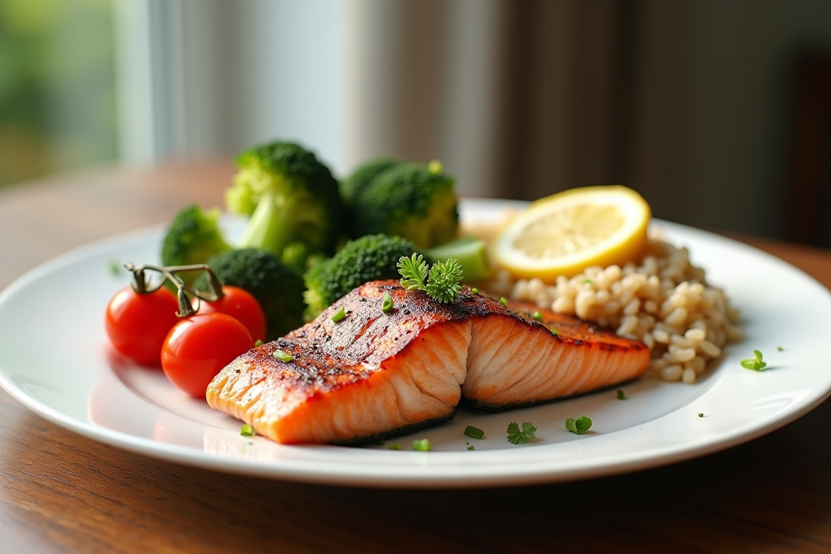 Assiette blanche avec saumon grillé et légumes verts
