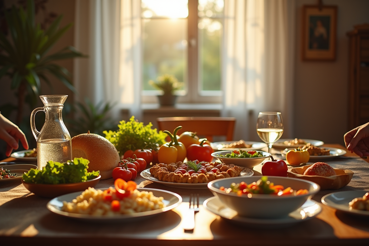 Table familiale chaleureuse avec plats sains faits maison