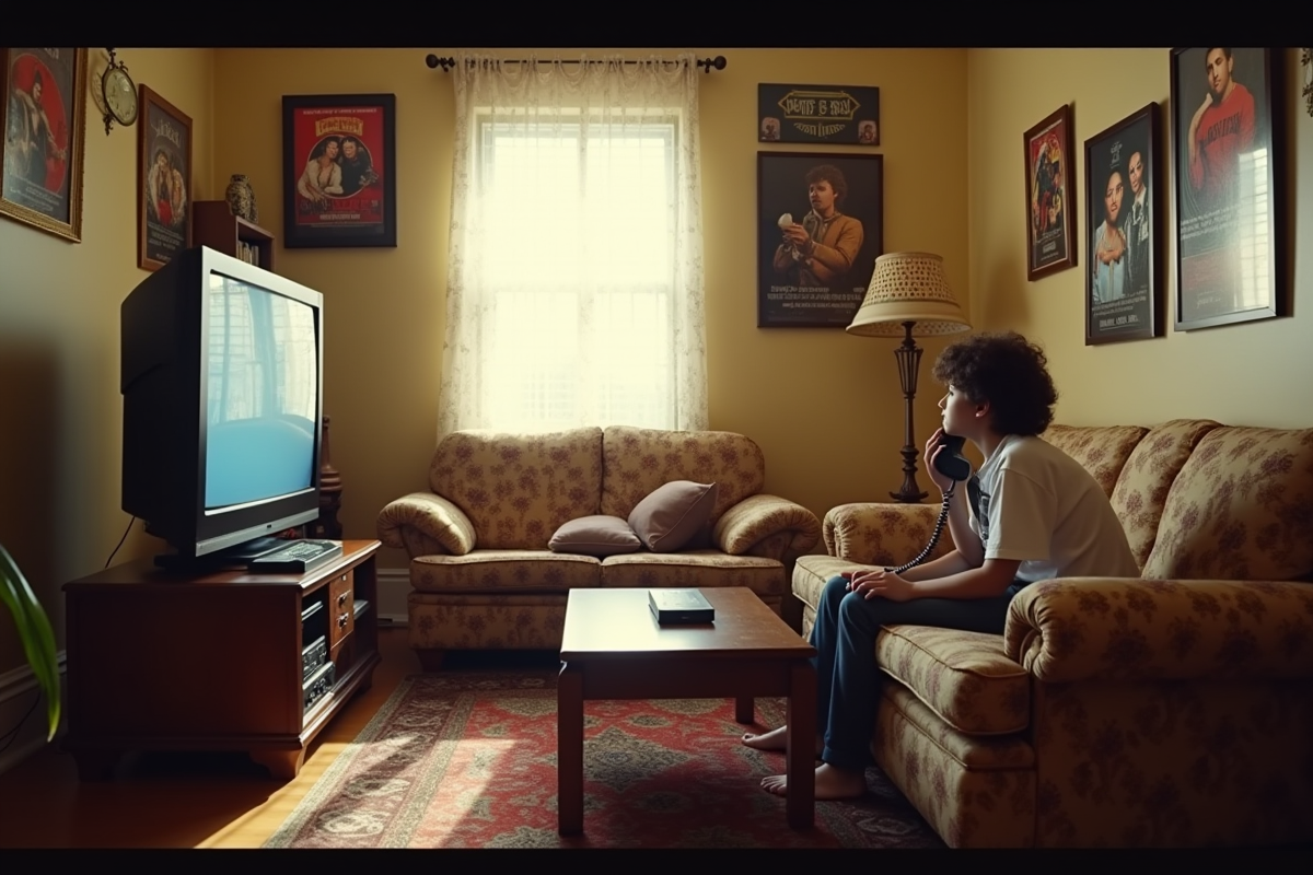 Salon familial des années 90 avec télévision et posters