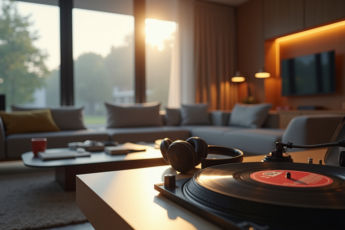 Salon moderne avec vinyles et casque audio ambiance créative
