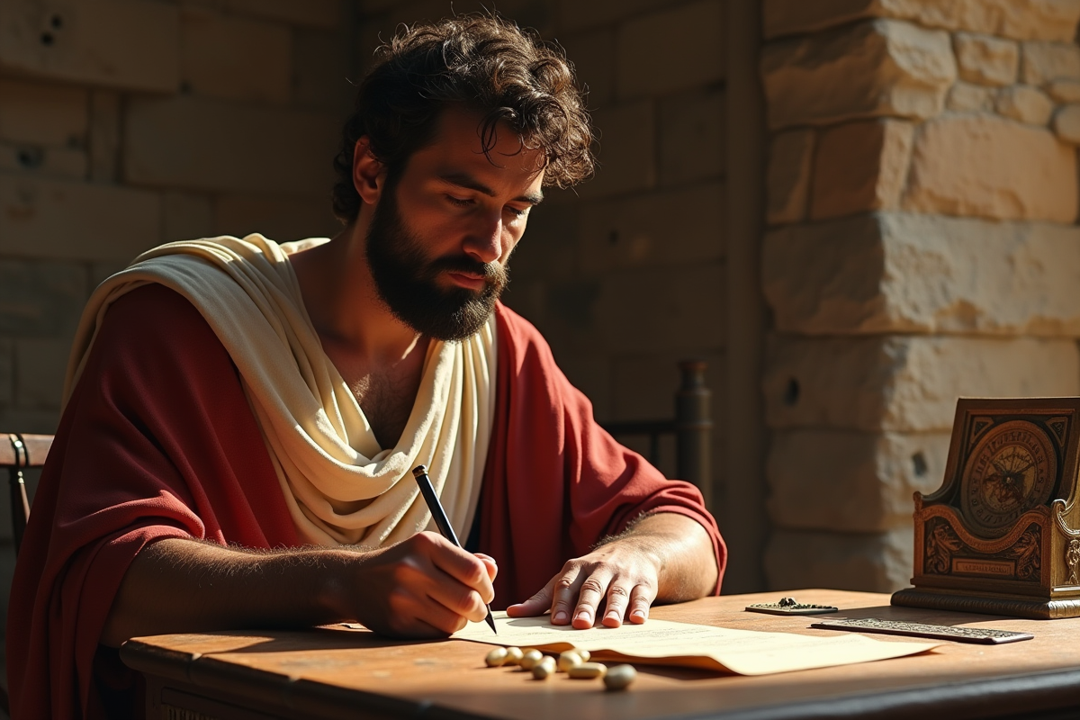 Scribe romain en toge écrivant sur un parchemin dans une salle ancienne