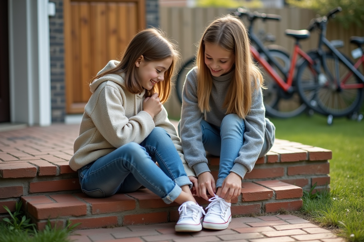 Une adolescente attache les lacets de sa petite soeur dehors