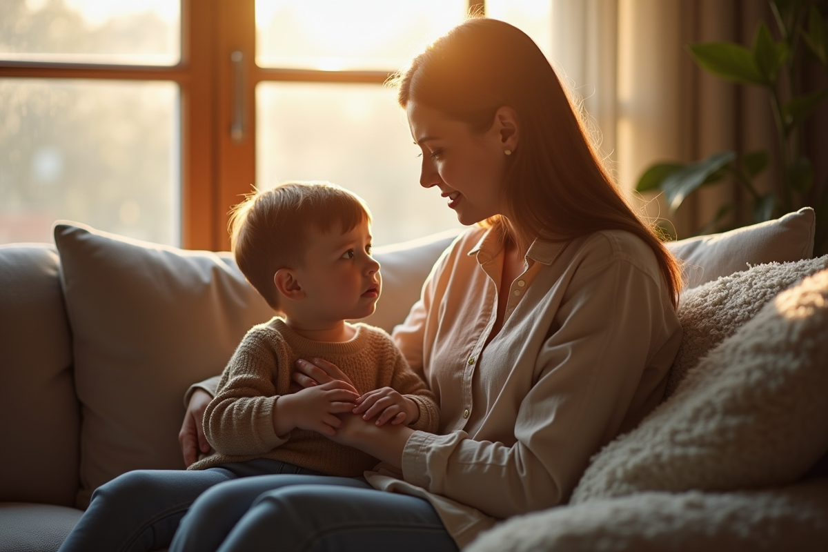 Adulte compatissant assis sur un canapé avec un enfant triste