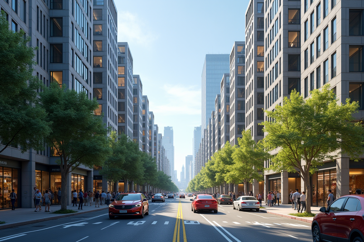 Rue animée en ville avec bâtiments modernes et piétons